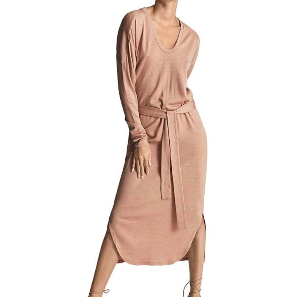 REISS beige Cleo midi long sleeve dress